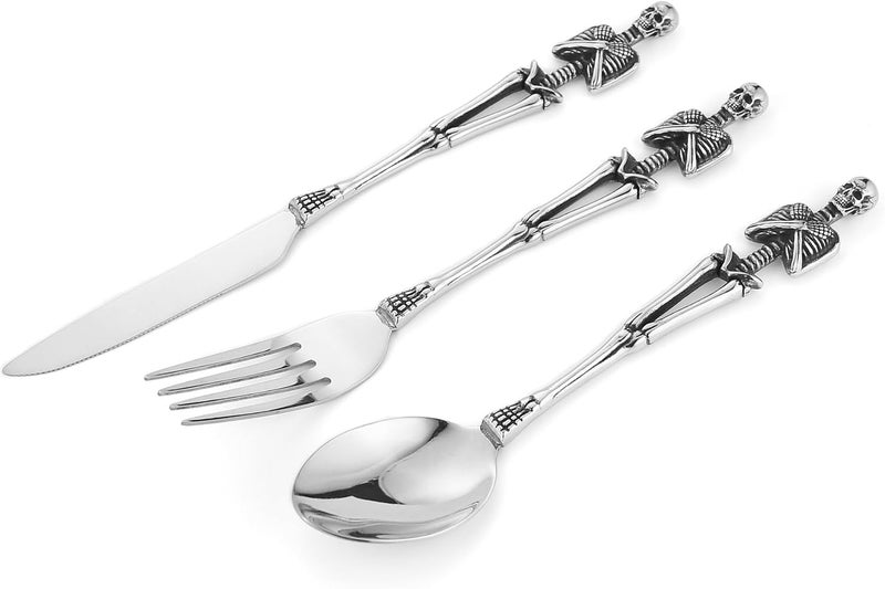 HZMAN Gothic Skull Flatware: Dinner Knife, Dinner Fork, Soup Spoon & 3-Piece Place Setting, Stainless Steel Cutlery Set for Home Kitchen, Halloween Table Decor - Image 1